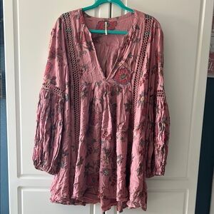 Free People Just the Two of Us Tunic Top Pink Floral Oversized Boho
